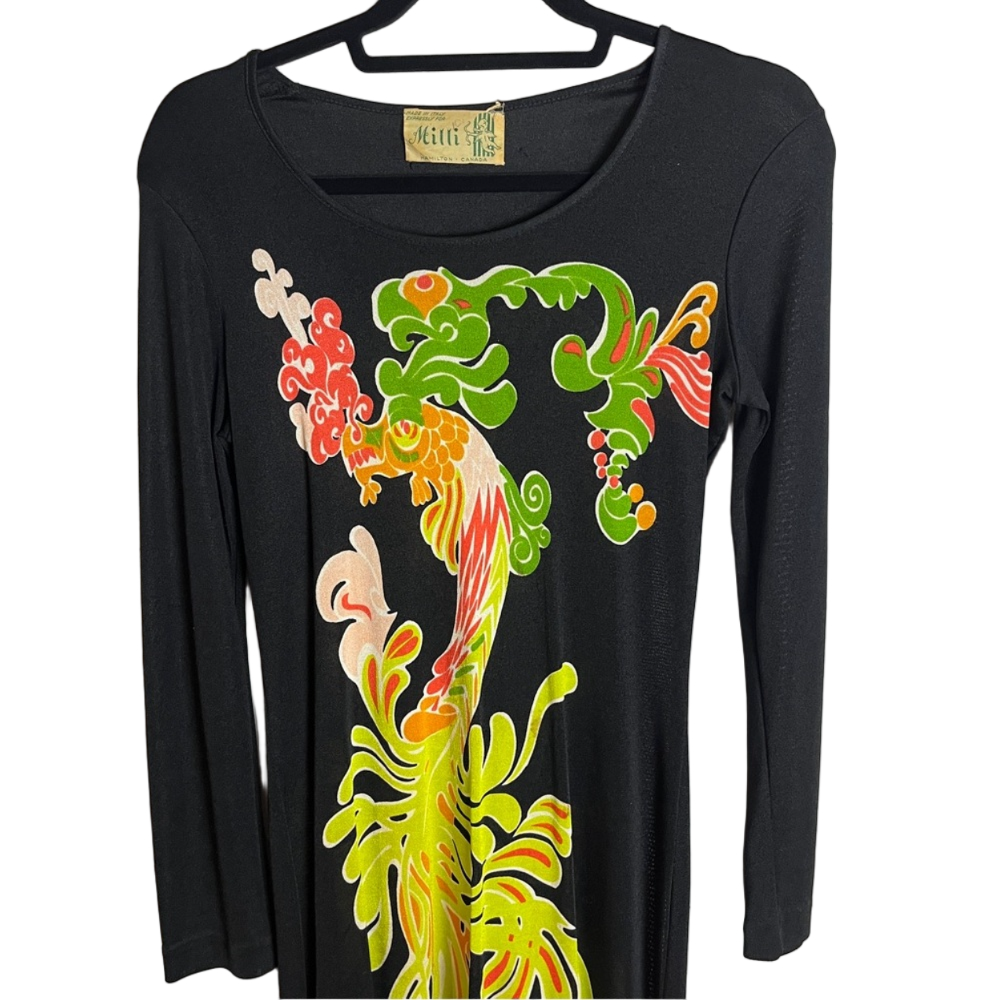 Milli Hamilton Vintage Black Dragon Print Maxi Dress Long Sleeve Canadian Luxury